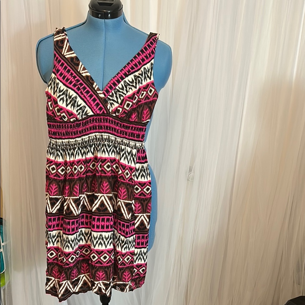 Poema Pink, Black, and White Sleeveless Sundress V-Neck Mini